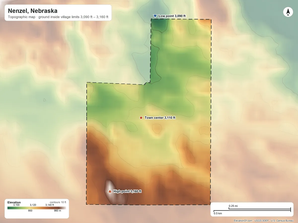 Topographic elevation map of Nenzel, Nebraska, shaded from 3,090 ft on the north side to 3,160 ft on the southwest side