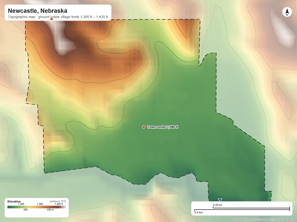 Topographic elevation map of Newcastle, Nebraska, shaded from 1,260 ft on the southeast side to 1,420 ft on the northwest side