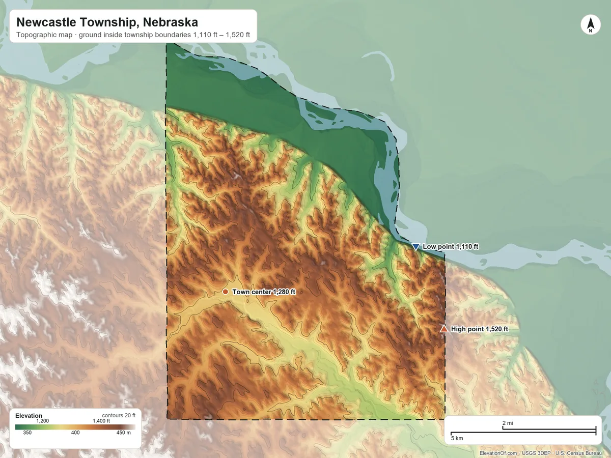 Topographic elevation map of Newcastle Township, Nebraska, shaded from 1,110 ft on the east side to 1,520 ft on the east side