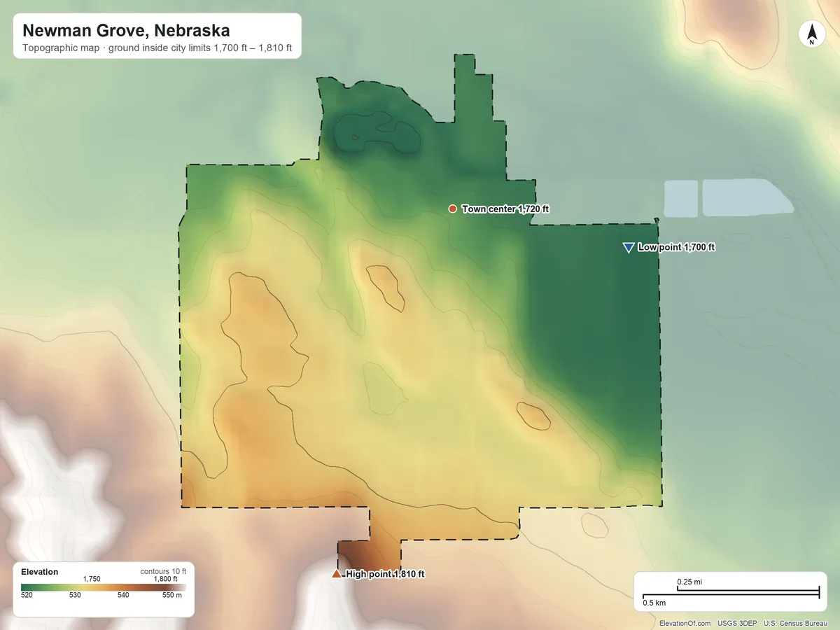 Topographic elevation map of Newman Grove, Nebraska, shaded from 1,700 ft on the east side to 1,810 ft on the south side