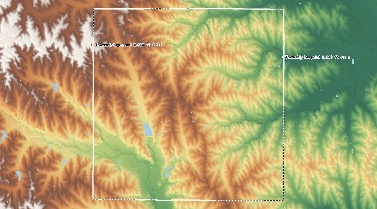 Topographic elevation map of Newman Township, Nebraska, shaded from 1,310 ft on the northeast side to 1,620 ft on the northwest side