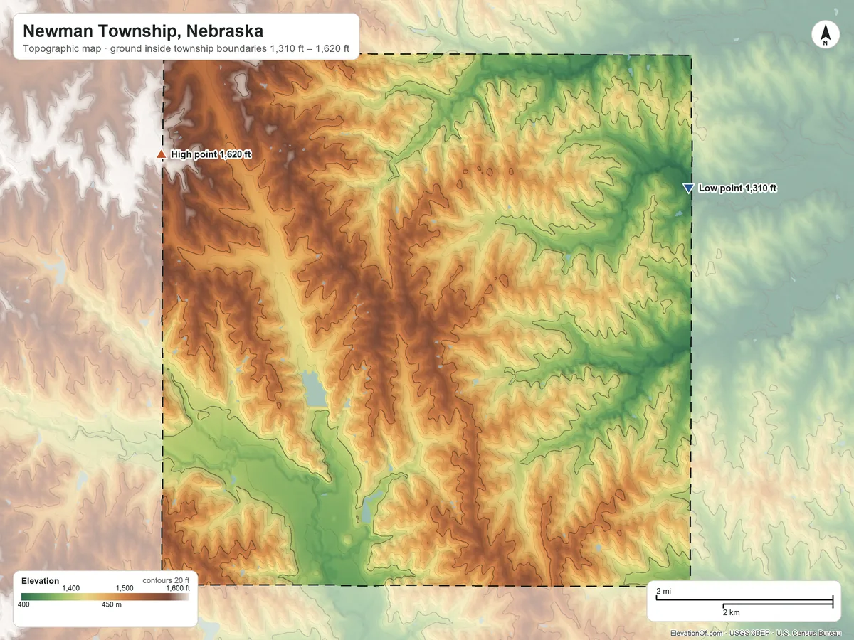 Topographic elevation map of Newman Township, Nebraska, shaded from 1,310 ft on the northeast side to 1,620 ft on the northwest side