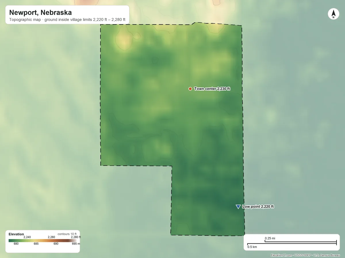 Topographic elevation map of Newport, Nebraska, shaded from 2,220 ft on the south side to 2,280 ft on the northwest side