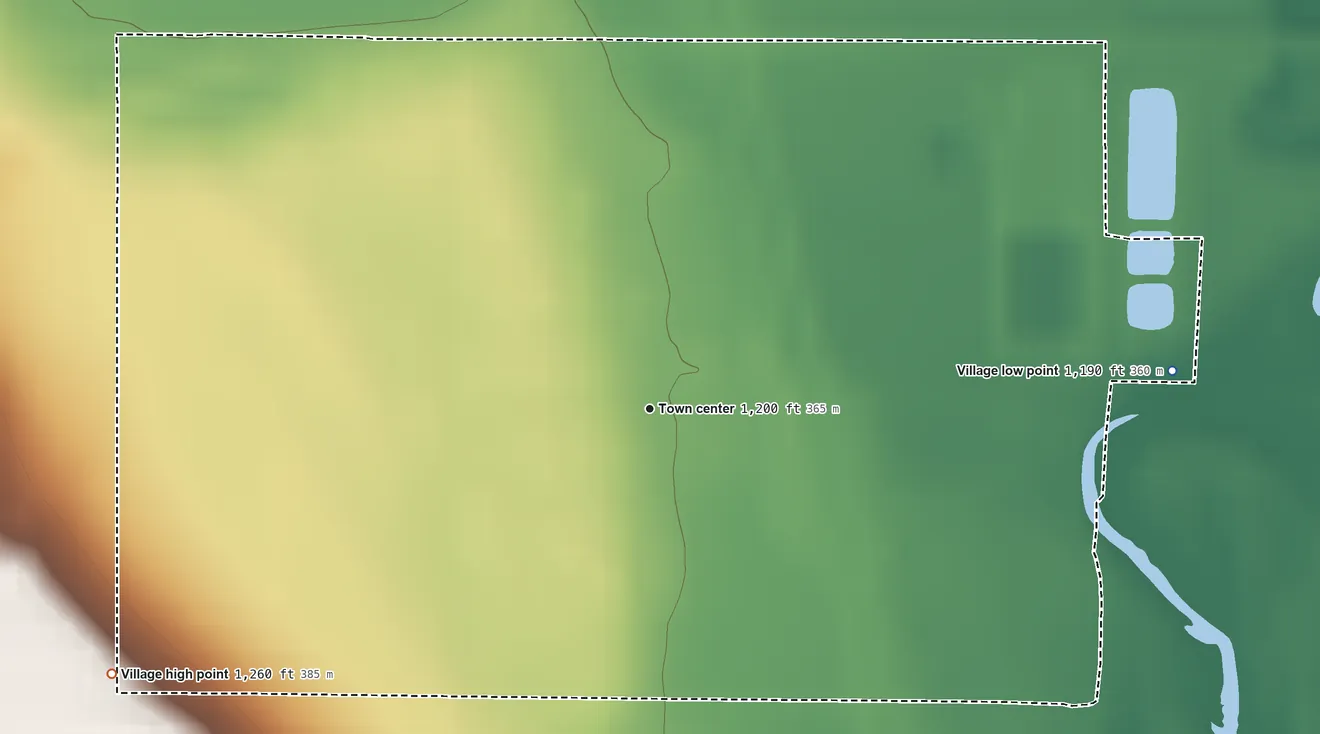 Topographic elevation map of Nickerson, Nebraska, shaded from 1,190 ft on the east side to 1,260 ft on the southwest side