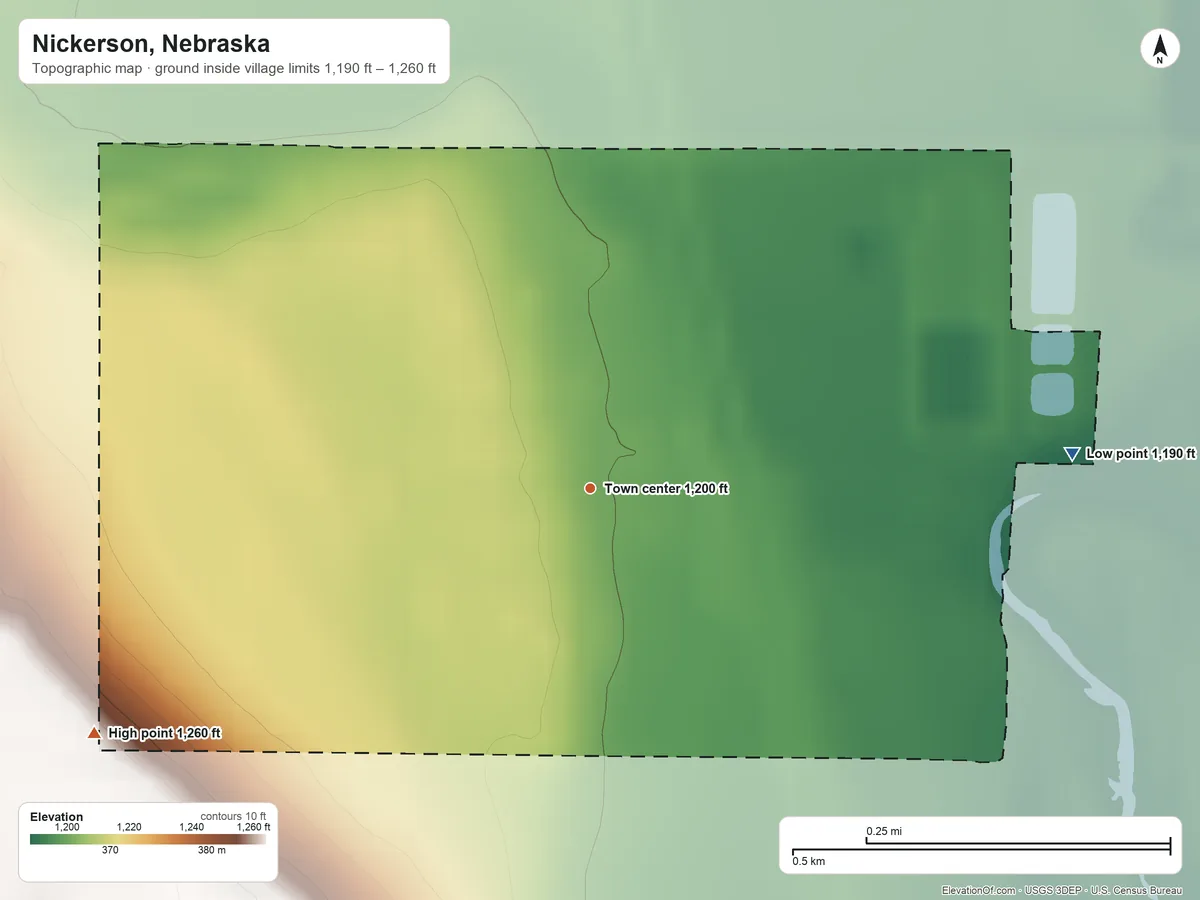 Topographic elevation map of Nickerson, Nebraska, shaded from 1,190 ft on the east side to 1,260 ft on the southwest side