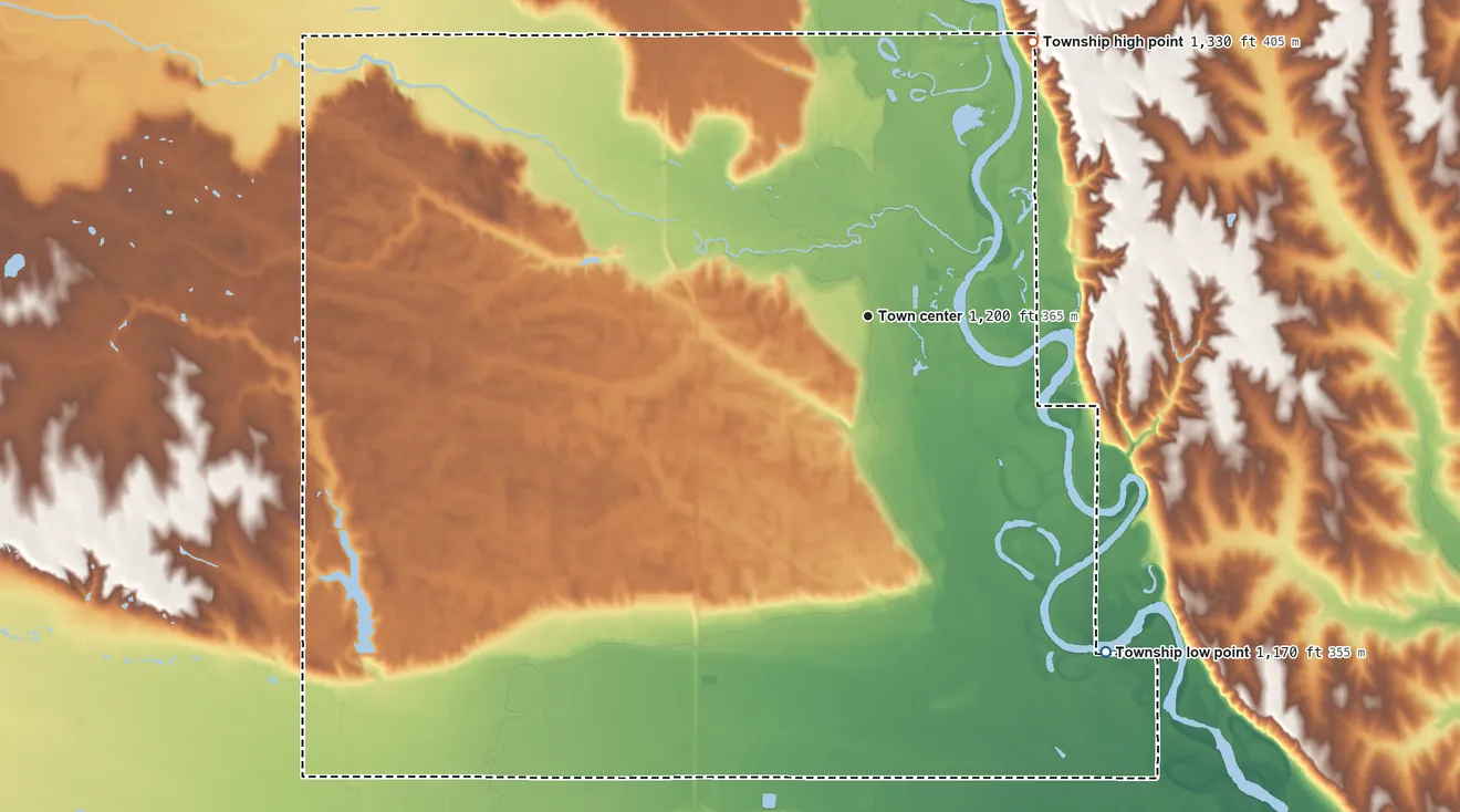 Topographic elevation map of Nickerson Township, Nebraska, shaded from 1,170 ft on the southeast side to 1,330 ft on the northeast side