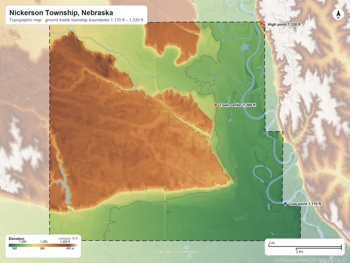 Topographic elevation map of Nickerson Township, Nebraska, shaded from 1,170 ft on the southeast side to 1,330 ft on the northeast side