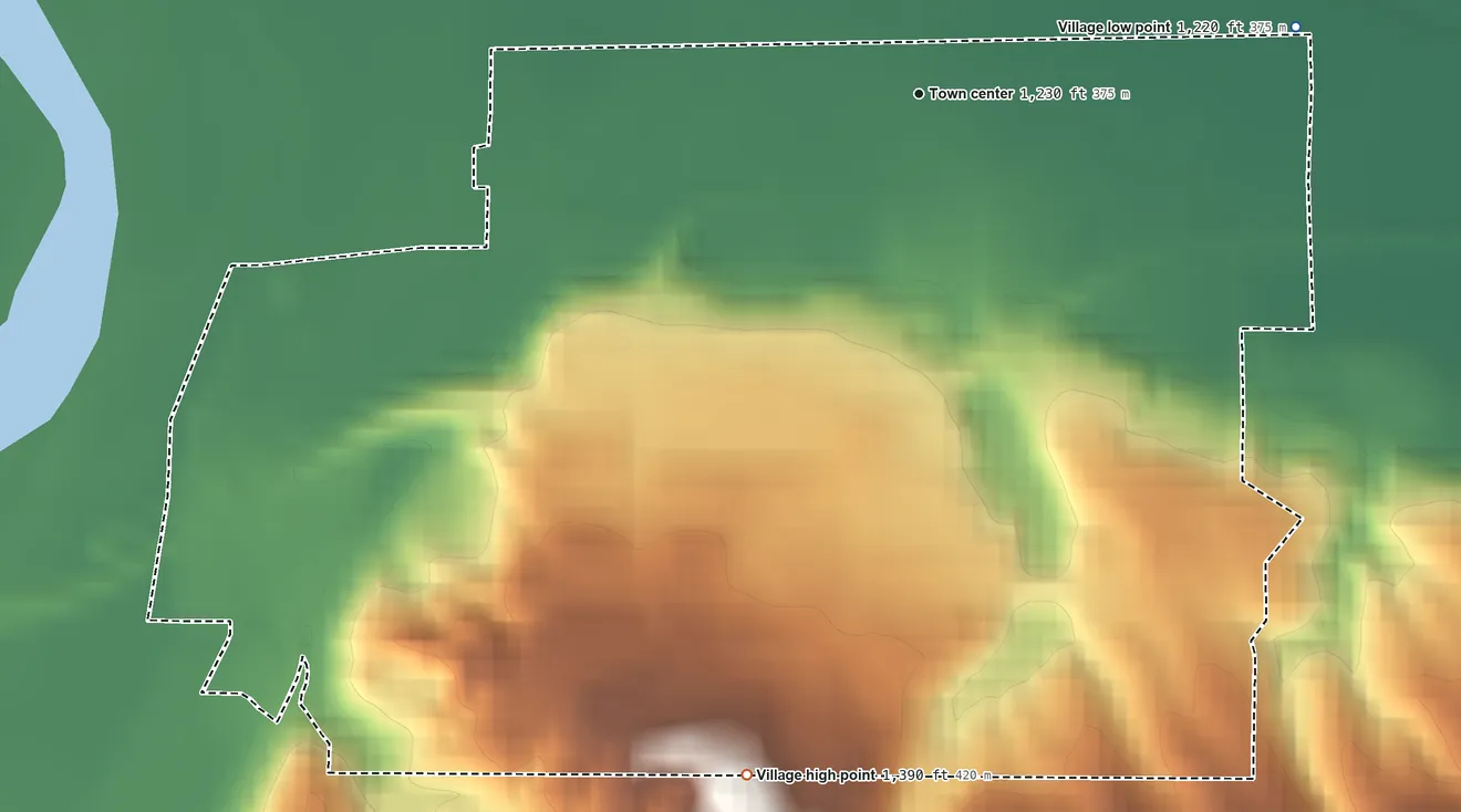 Topographic elevation map of Niobrara, Nebraska, shaded from 1,220 ft on the east side to 1,390 ft on the south side