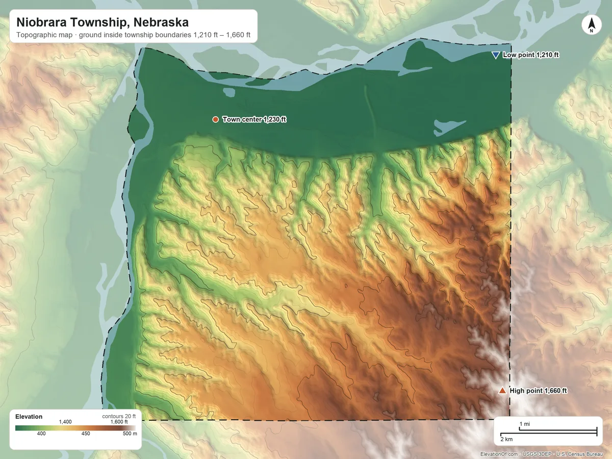 Topographic elevation map of Niobrara Township, Nebraska, shaded from 1,210 ft on the east side to 1,660 ft on the southeast side