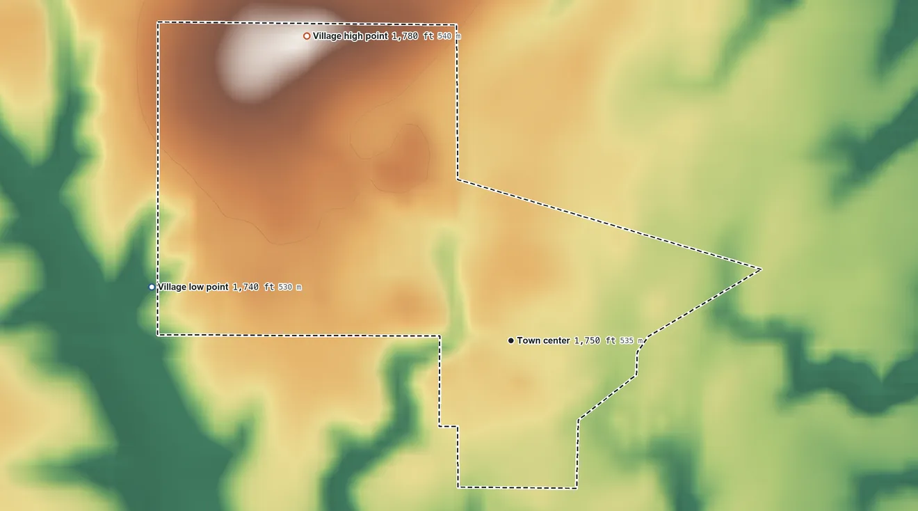 Topographic elevation map of Nora, Nebraska, shaded from 1,740 ft on the west side to 1,780 ft on the northwest side