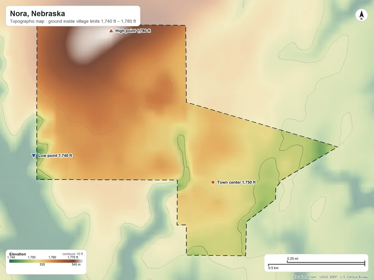 Topographic elevation map of Nora, Nebraska, shaded from 1,740 ft on the west side to 1,780 ft on the northwest side