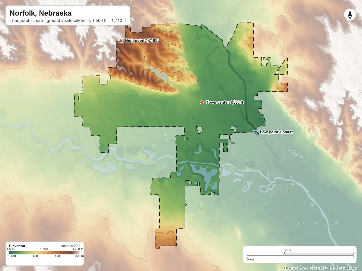 Topographic elevation map of Norfolk, Nebraska, shaded from 1,500 ft on the southeast side to 1,710 ft on the northwest side