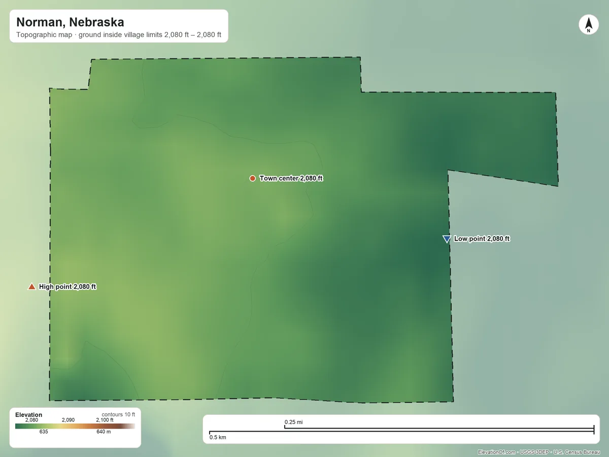 Topographic elevation map of Norman, Nebraska, shaded from 2,080 ft on the east side to 2,080 ft on the southwest side