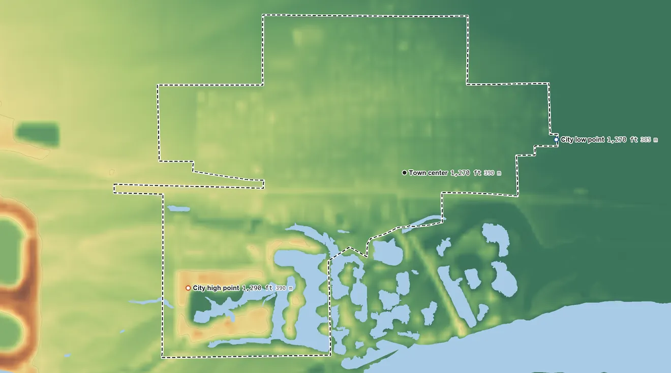 Topographic elevation map of North Bend, Nebraska, shaded from 1,270 ft on the east side to 1,290 ft on the southwest side