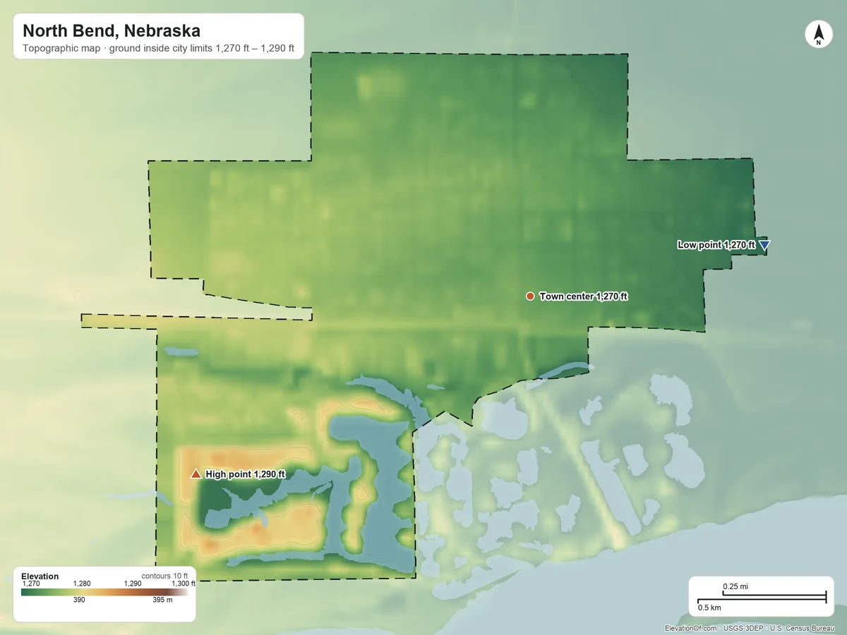 Topographic elevation map of North Bend, Nebraska, shaded from 1,270 ft on the east side to 1,290 ft on the southwest side