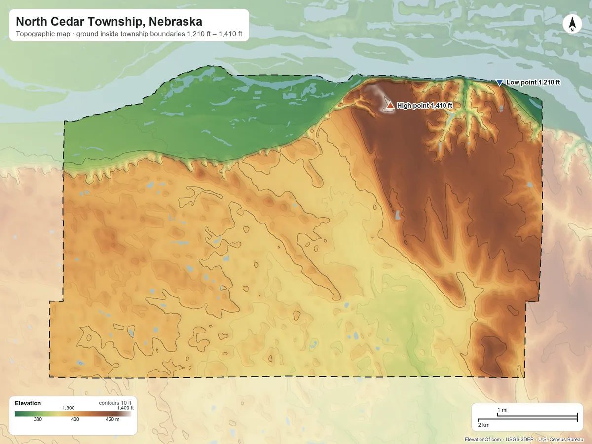 Topographic elevation map of North Cedar Township, Nebraska, shaded from 1,210 ft on the northeast side to 1,410 ft on the north side