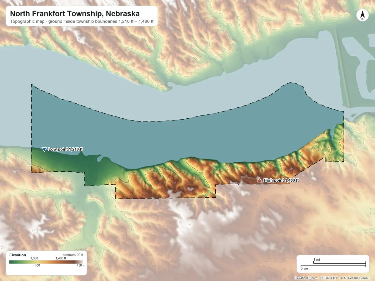 Topographic elevation map of North Frankfort Township, Nebraska, shaded from 1,210 ft on the west side to 1,480 ft on the east side