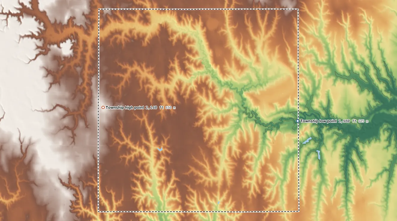 Topographic elevation map of North Franklin Township, Nebraska, shaded from 1,980 ft near the middle to 2,140 ft on the west side