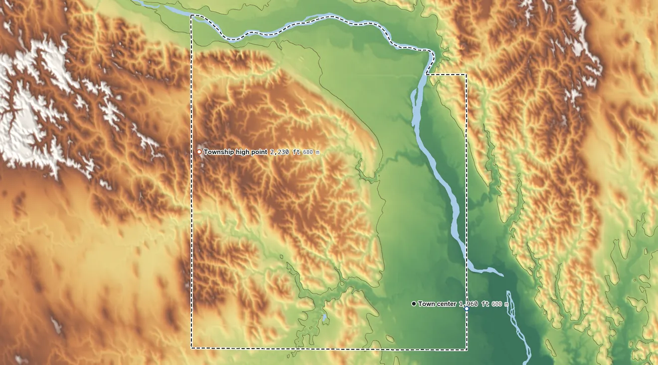 Topographic elevation map of North Loup Township, Nebraska, shaded from 1,920 ft on the east side to 2,230 ft on the northwest side