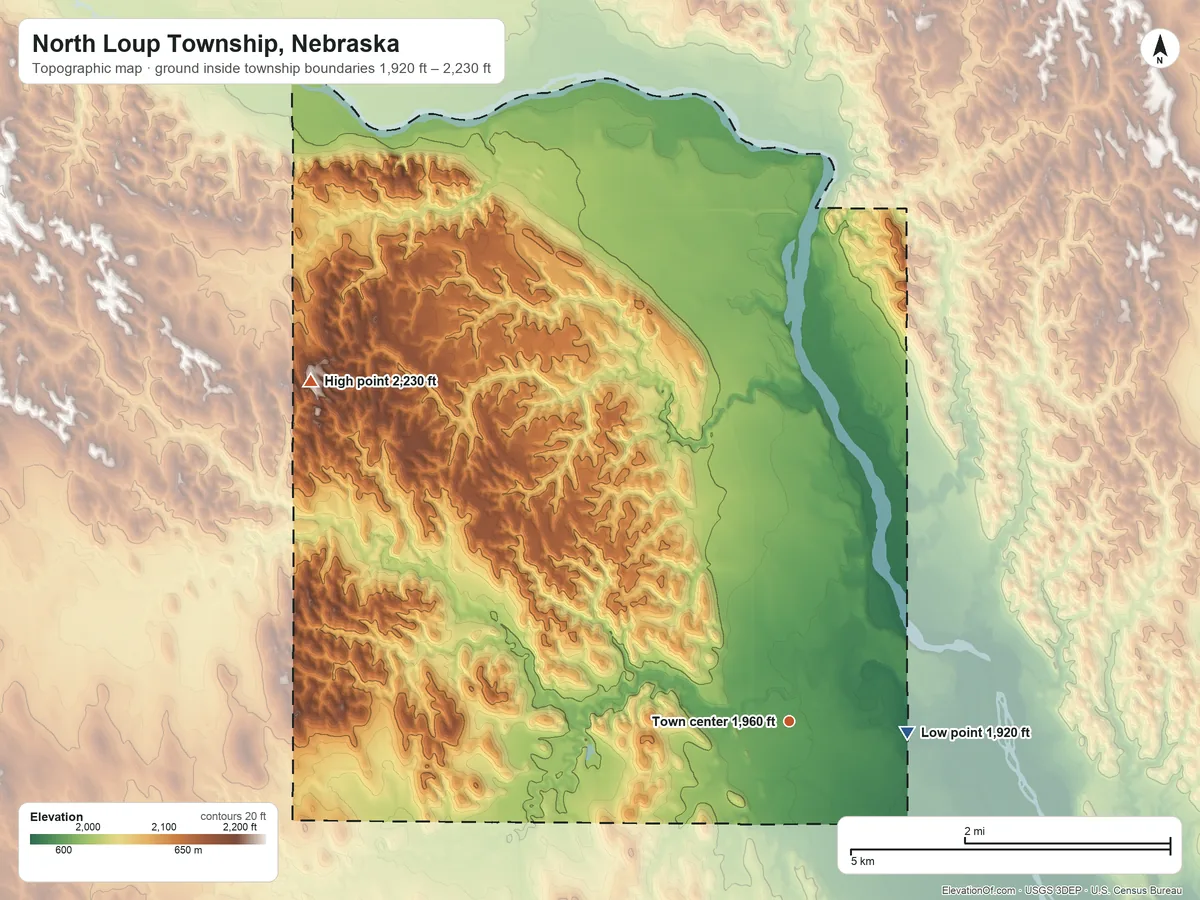 Topographic elevation map of North Loup Township, Nebraska, shaded from 1,920 ft on the east side to 2,230 ft on the northwest side