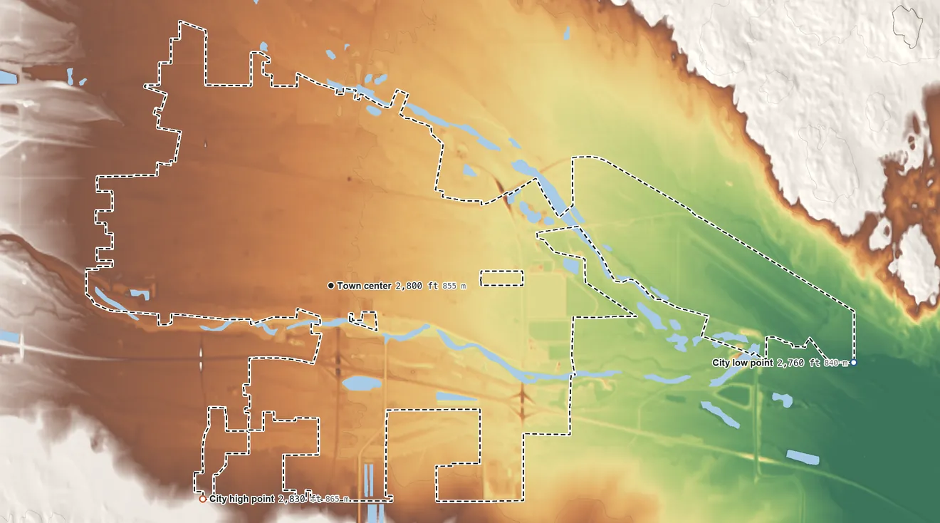 Topographic elevation map of North Platte, Nebraska, shaded from 2,760 ft on the east side to 2,830 ft on the southwest side