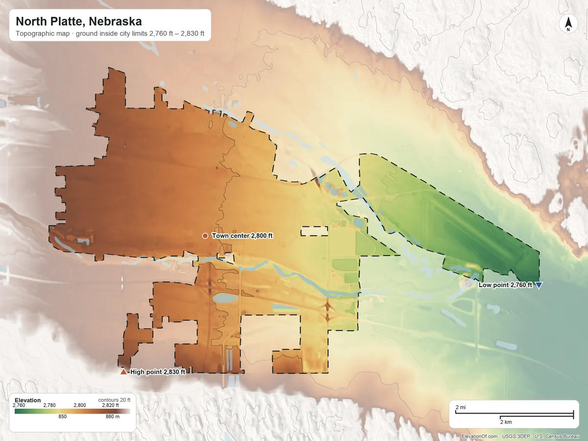 Topographic elevation map of North Platte, Nebraska, shaded from 2,760 ft on the east side to 2,830 ft on the southwest side