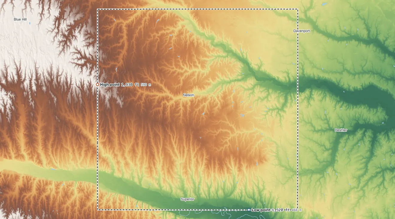 Topographic elevation map of Nuckolls County, Nebraska, shaded from 1,520 ft on the southeast side to 1,930 ft on the west side