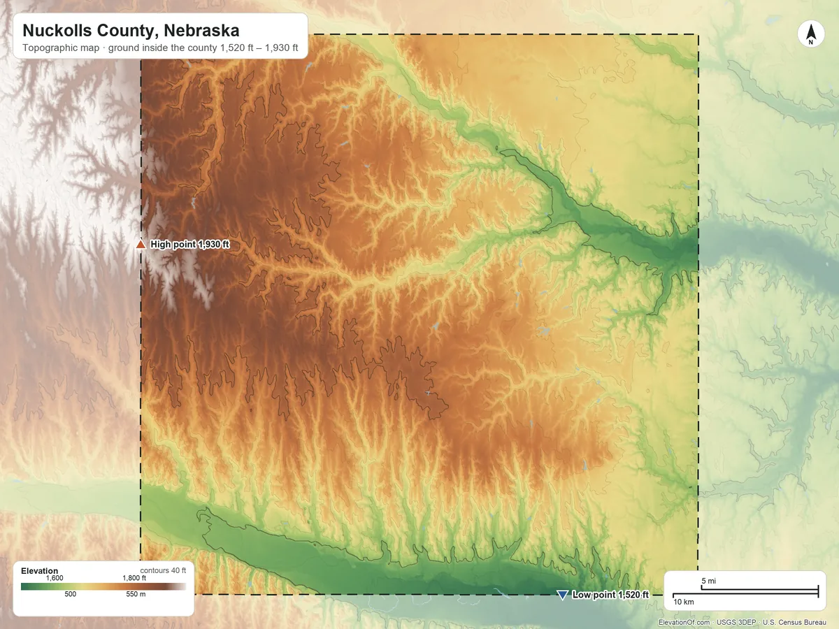 Topographic elevation map of Nuckolls County, Nebraska, shaded from 1,520 ft on the southeast side to 1,930 ft on the west side