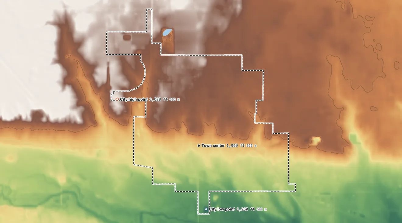Topographic elevation map of O'Neill, Nebraska, shaded from 1,960 ft on the south side to 2,020 ft on the northwest side