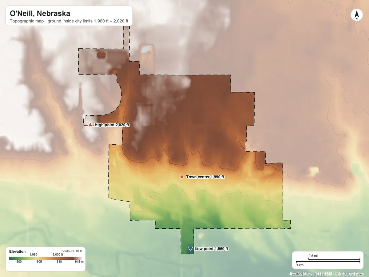 Topographic elevation map of O'Neill, Nebraska, shaded from 1,960 ft on the south side to 2,020 ft on the northwest side