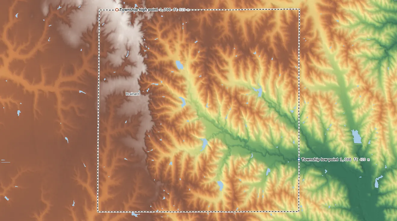 Topographic elevation map of Oak Creek Township, Butler County, Nebraska, shaded from 1,380 ft on the southeast side to 1,700 ft on the northwest side