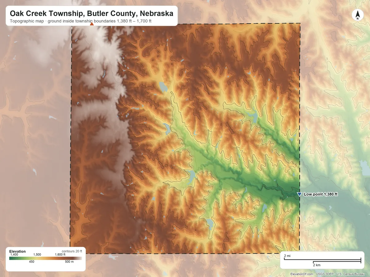 Topographic elevation map of Oak Creek Township, Butler County, Nebraska, shaded from 1,380 ft on the southeast side to 1,700 ft on the northwest side
