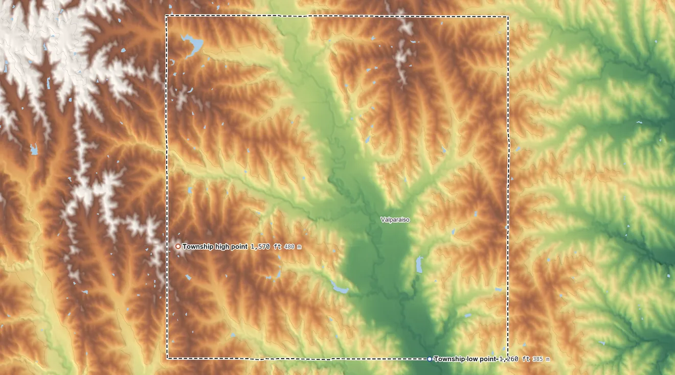 Topographic elevation map of Oak Creek Township, Nebraska, shaded from 1,260 ft on the south side to 1,570 ft on the west side