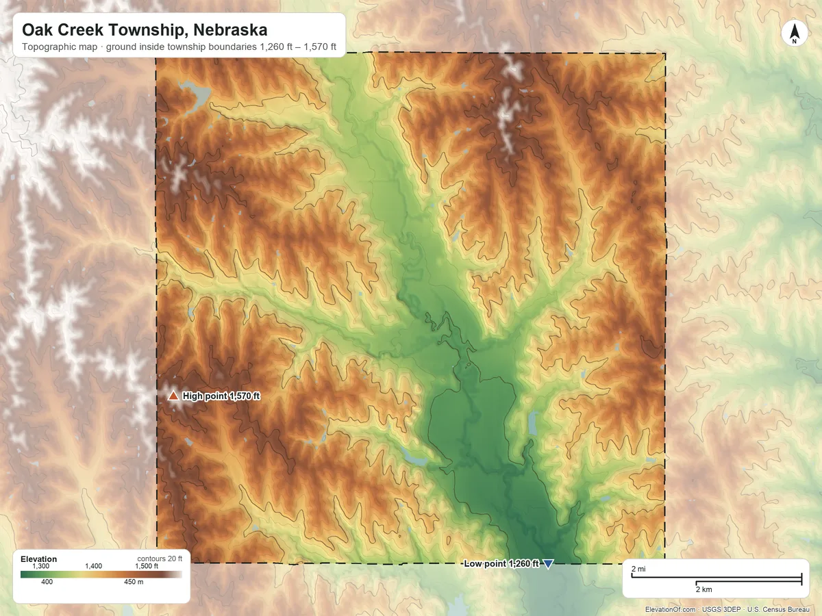 Topographic elevation map of Oak Creek Township, Nebraska, shaded from 1,260 ft on the south side to 1,570 ft on the west side