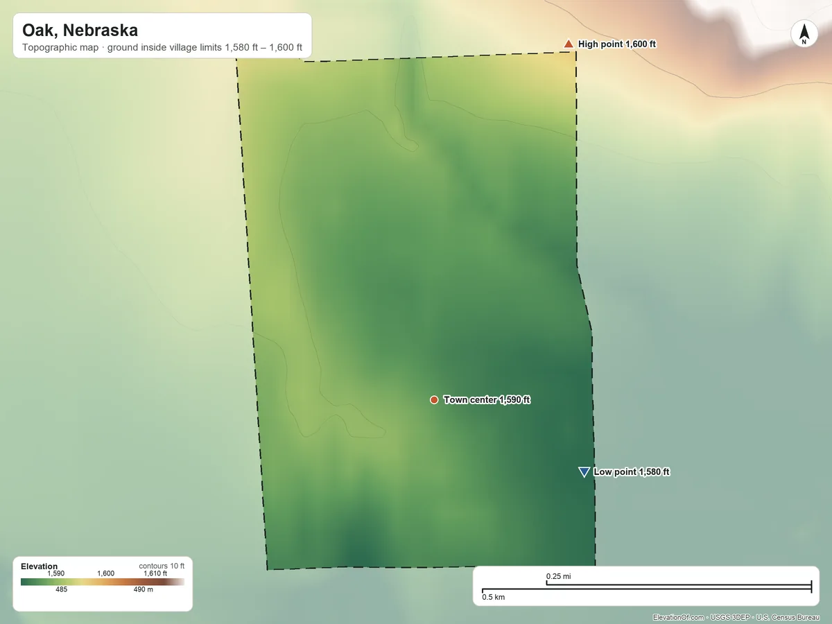 Topographic elevation map of Oak, Nebraska, shaded from 1,580 ft on the southeast side to 1,600 ft on the north side