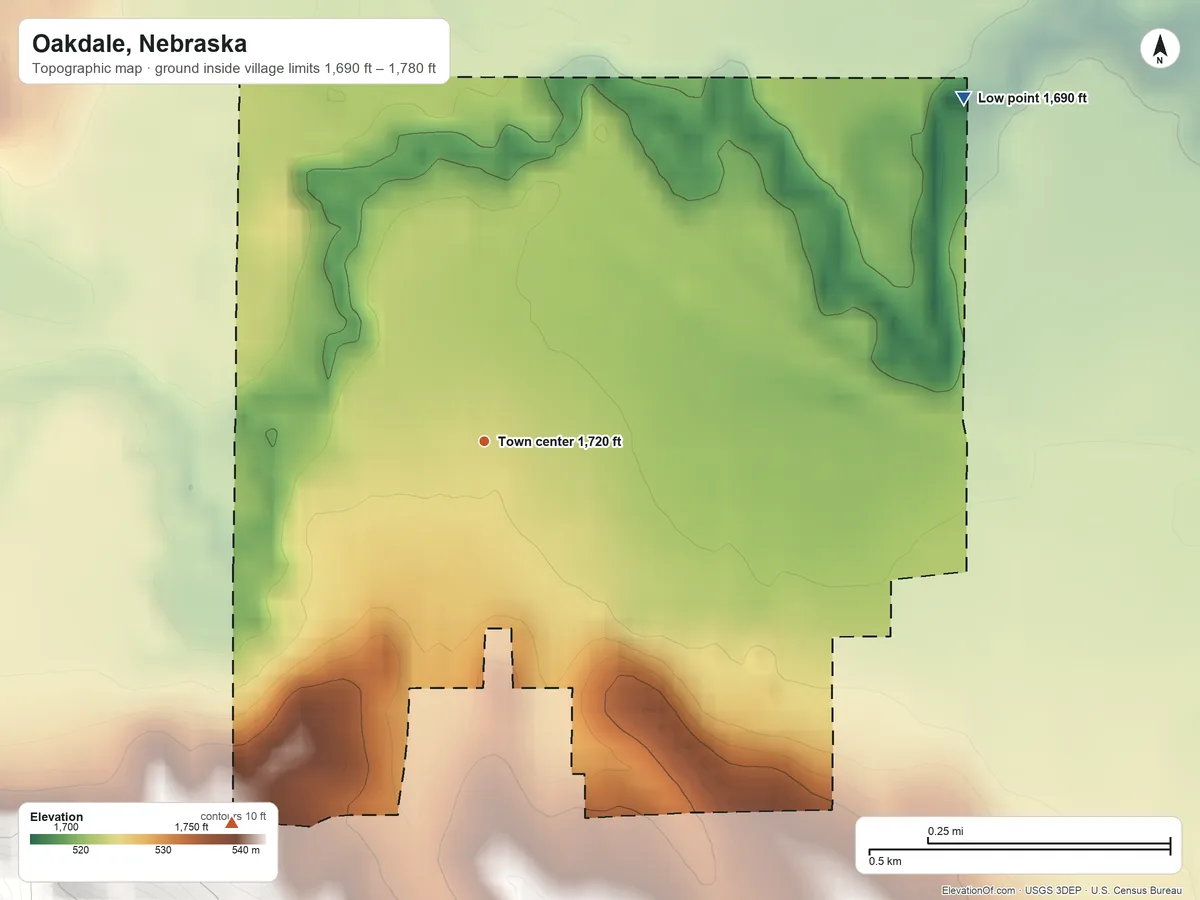 Topographic elevation map of Oakdale, Nebraska, shaded from 1,690 ft on the northeast side to 1,780 ft on the southwest side