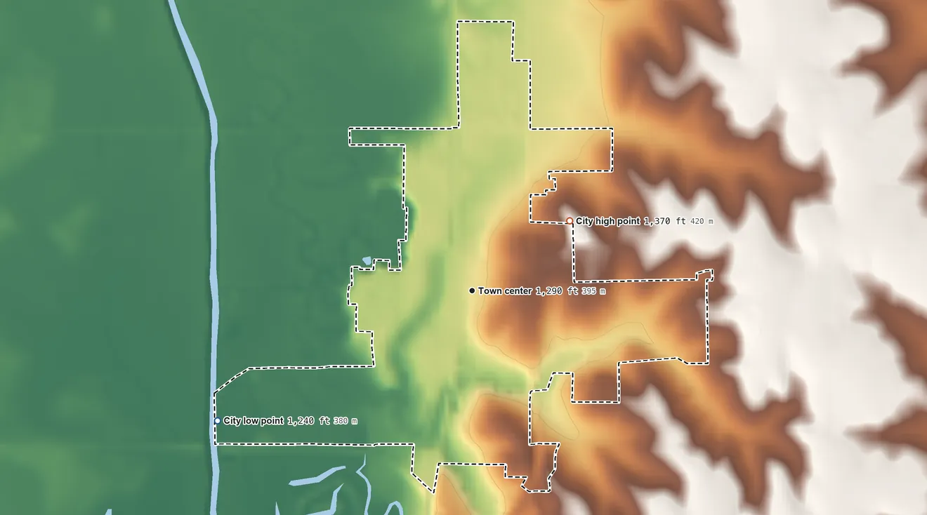 Topographic elevation map of Oakland, Nebraska, shaded from 1,240 ft on the southwest side to 1,370 ft on the northeast side