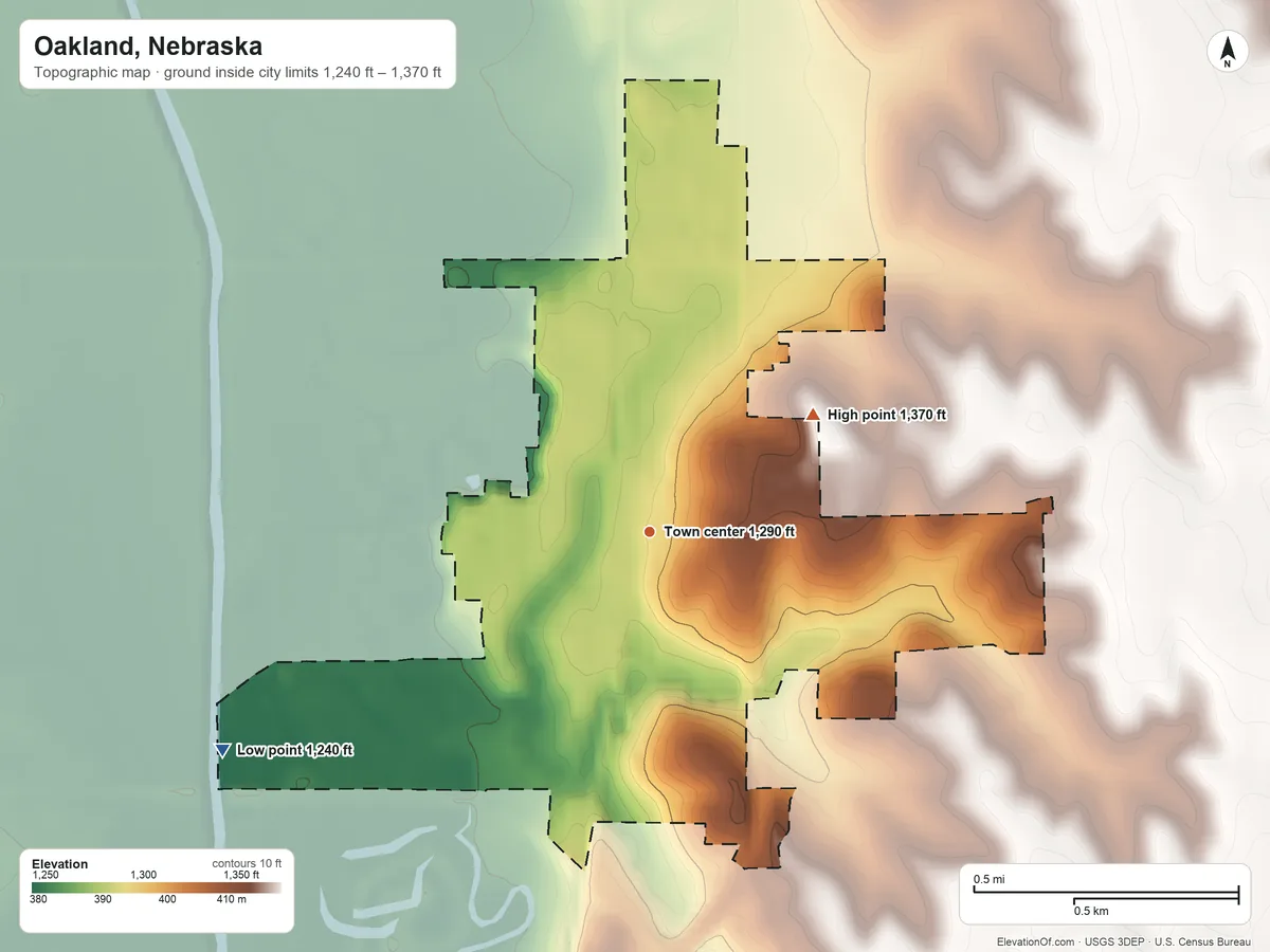 Topographic elevation map of Oakland, Nebraska, shaded from 1,240 ft on the southwest side to 1,370 ft on the northeast side