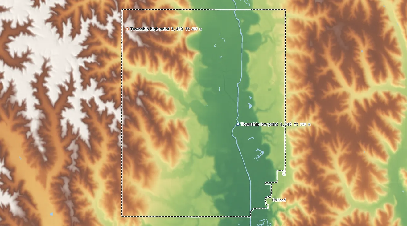 Topographic elevation map of Oakland Township, Nebraska, shaded from 1,240 ft on the east side to 1,430 ft on the north side