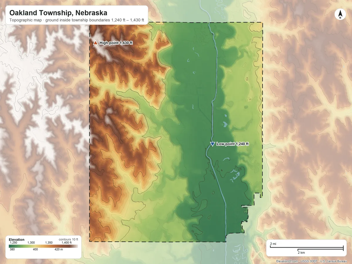 Topographic elevation map of Oakland Township, Nebraska, shaded from 1,240 ft on the east side to 1,430 ft on the north side