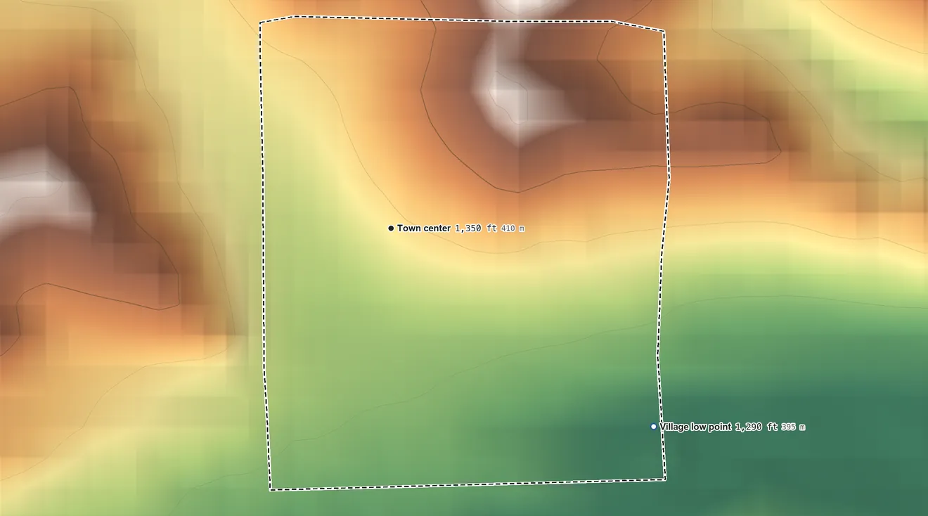 Topographic elevation map of Obert, Nebraska, shaded from 1,290 ft on the southeast side to 1,450 ft on the northeast side