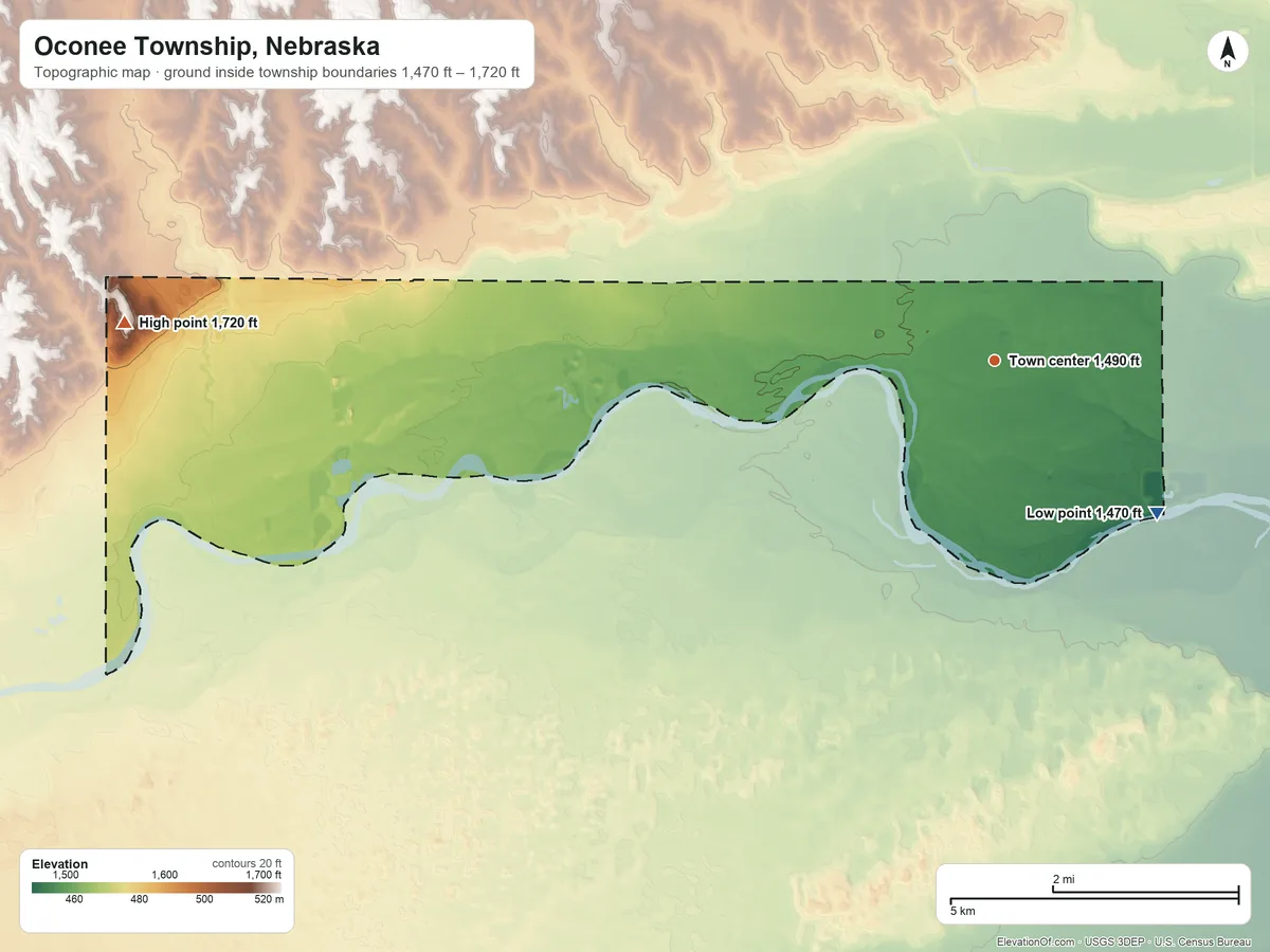 Topographic elevation map of Oconee Township, Nebraska, shaded from 1,470 ft on the southeast side to 1,720 ft on the west side
