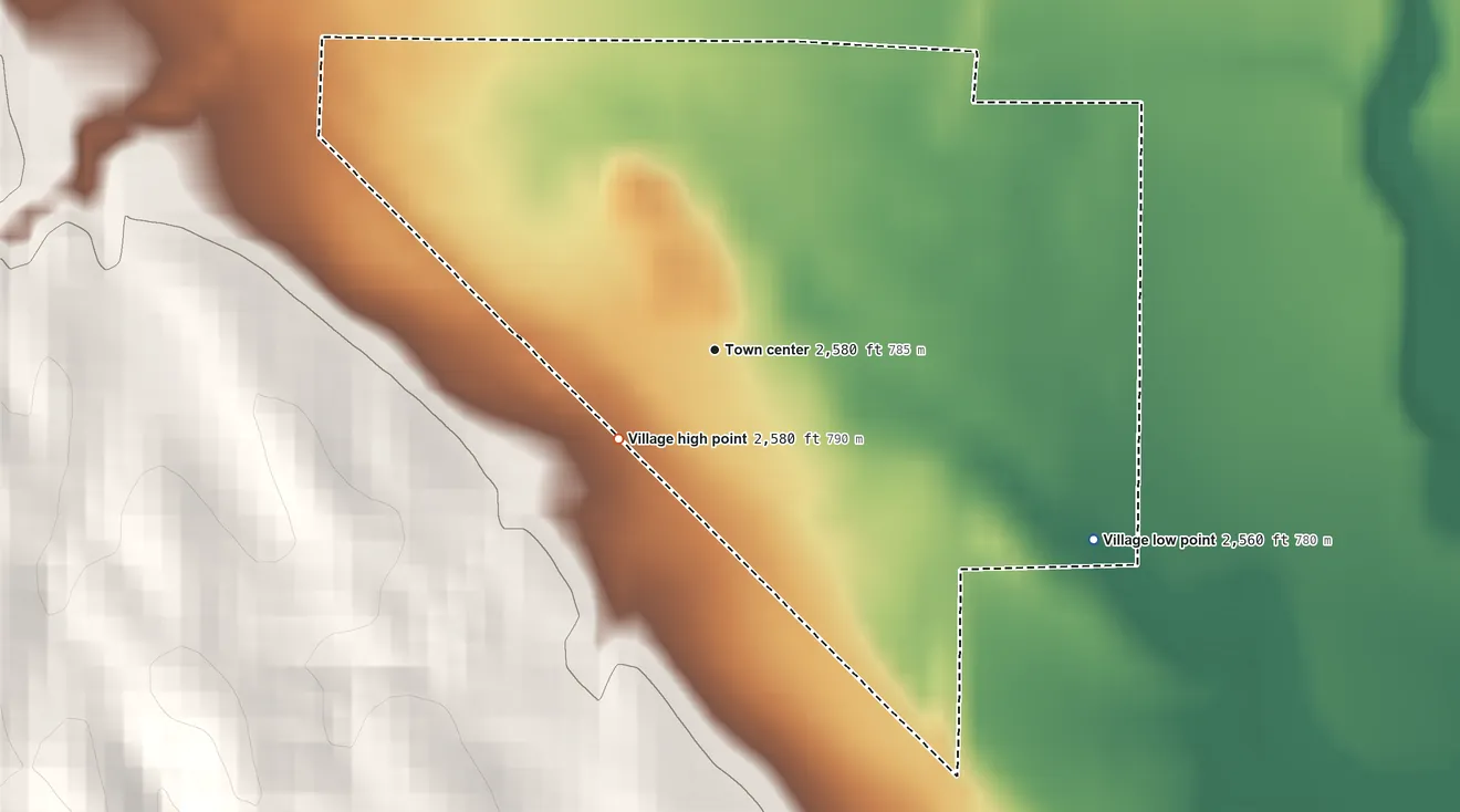 Topographic elevation map of Oconto, Nebraska, shaded from 2,560 ft on the southeast side to 2,580 ft on the southwest side