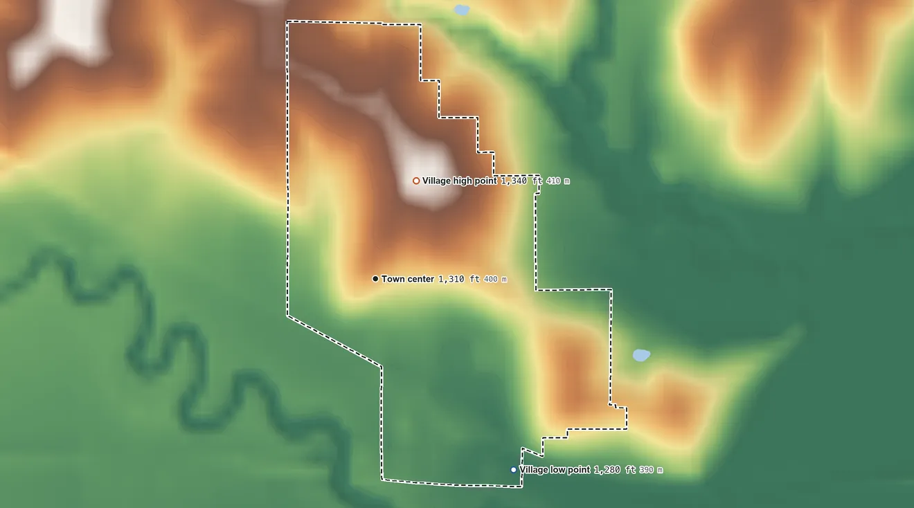 Topographic elevation map of Odell, Nebraska, shaded from 1,280 ft on the southeast side to 1,340 ft on the north side
