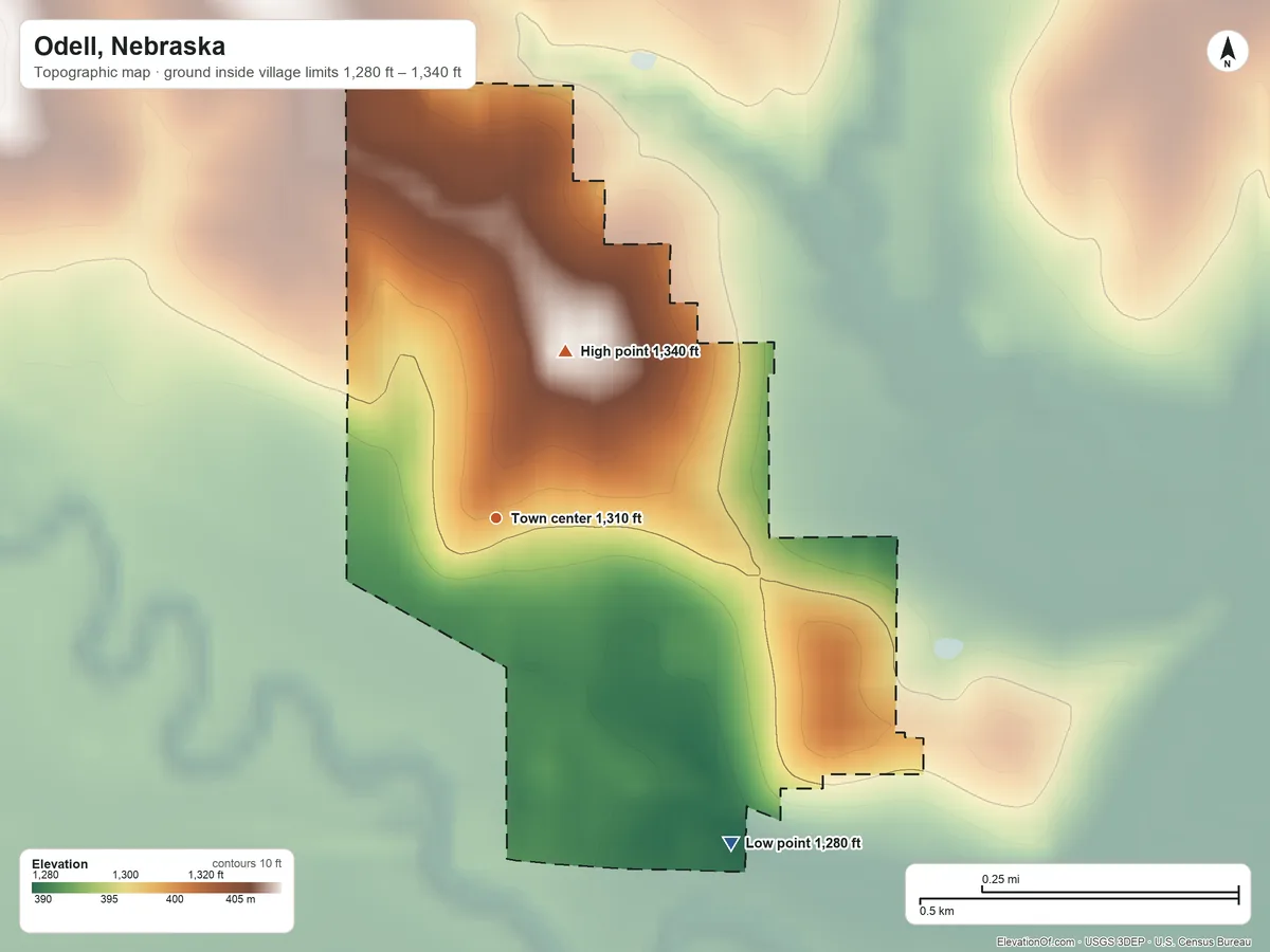 Topographic elevation map of Odell, Nebraska, shaded from 1,280 ft on the southeast side to 1,340 ft on the north side