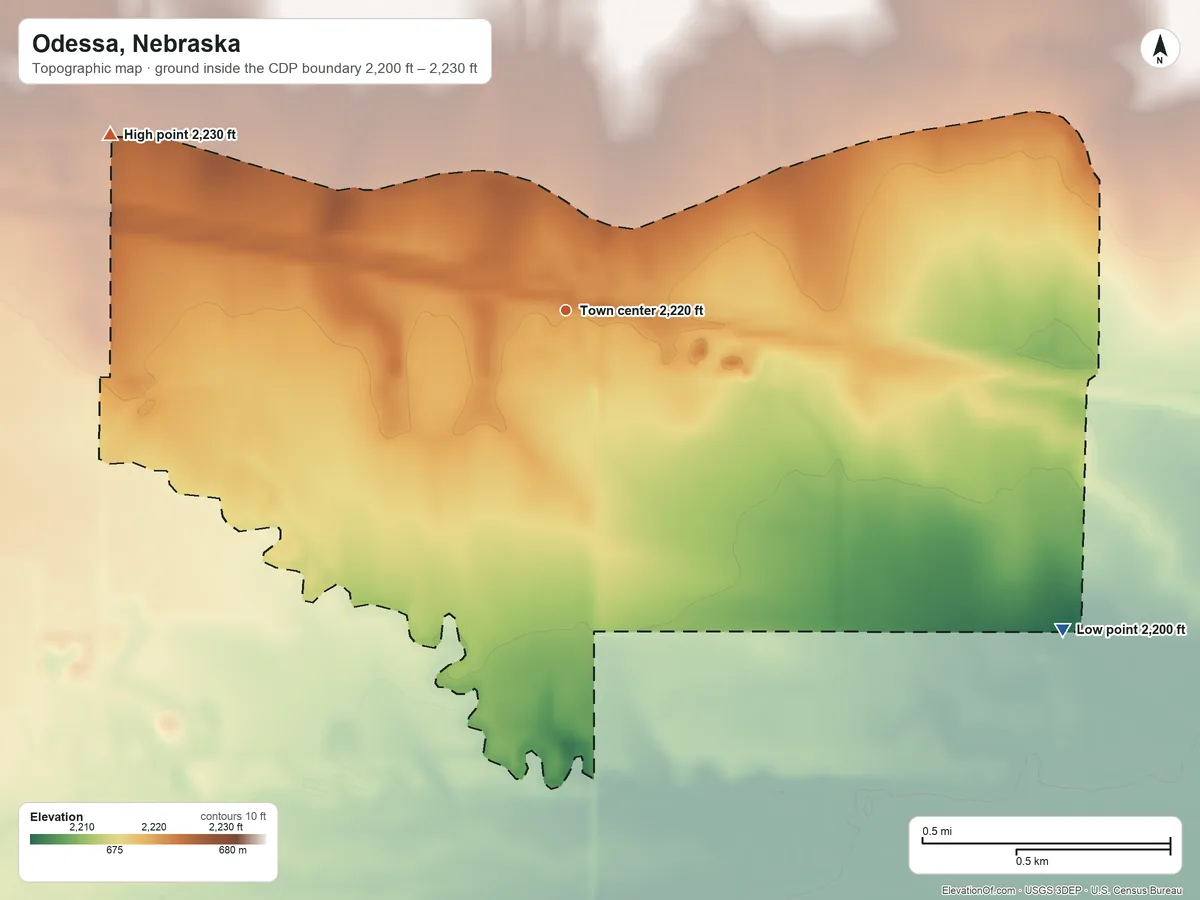 Topographic elevation map of Odessa, Nebraska, shaded from 2,200 ft on the southeast side to 2,230 ft on the west side