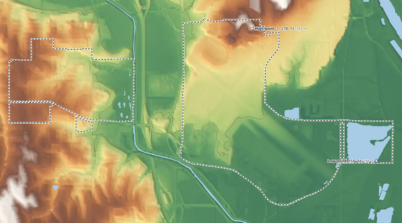Topographic elevation map of Offutt AFB, Nebraska, shaded from 950 ft on the east side to 1,170 ft on the east side