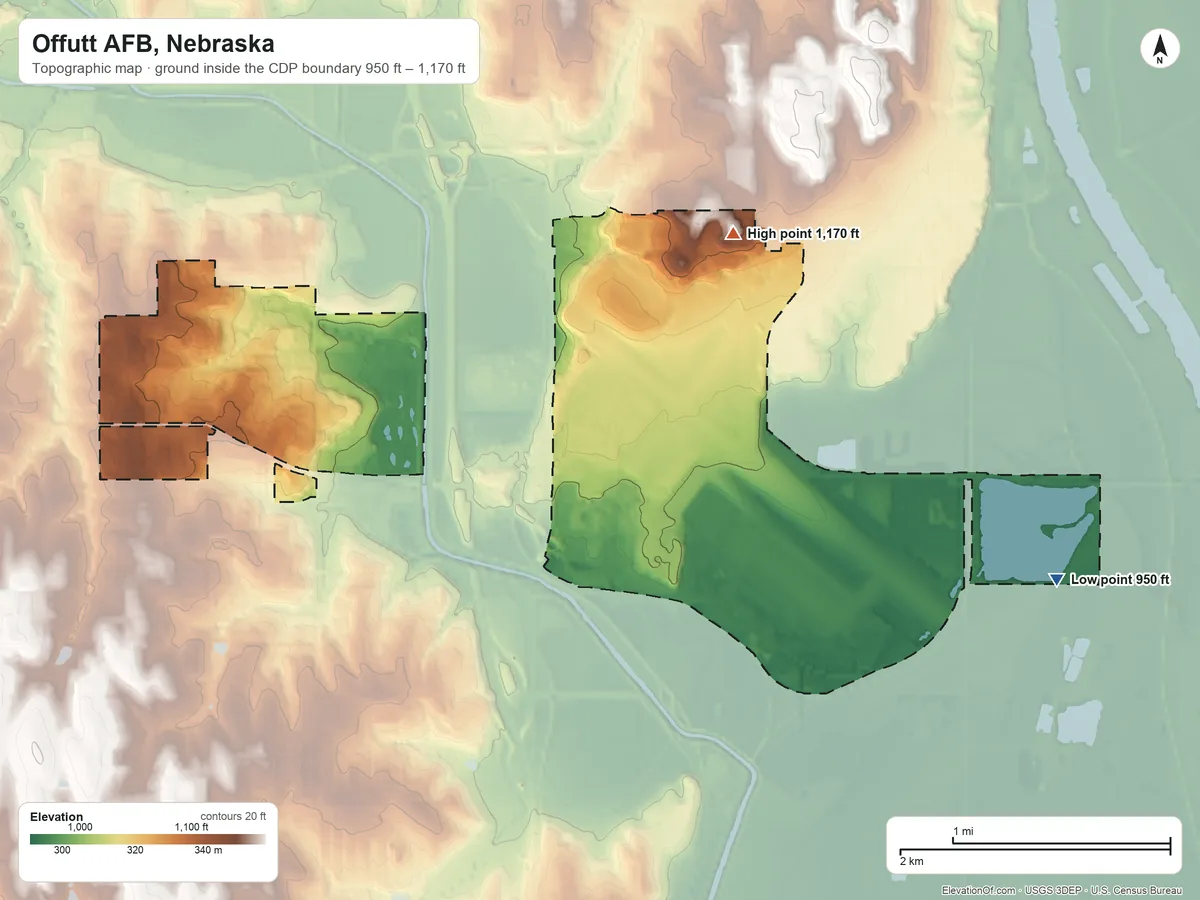 Topographic elevation map of Offutt AFB, Nebraska, shaded from 950 ft on the east side to 1,170 ft on the east side