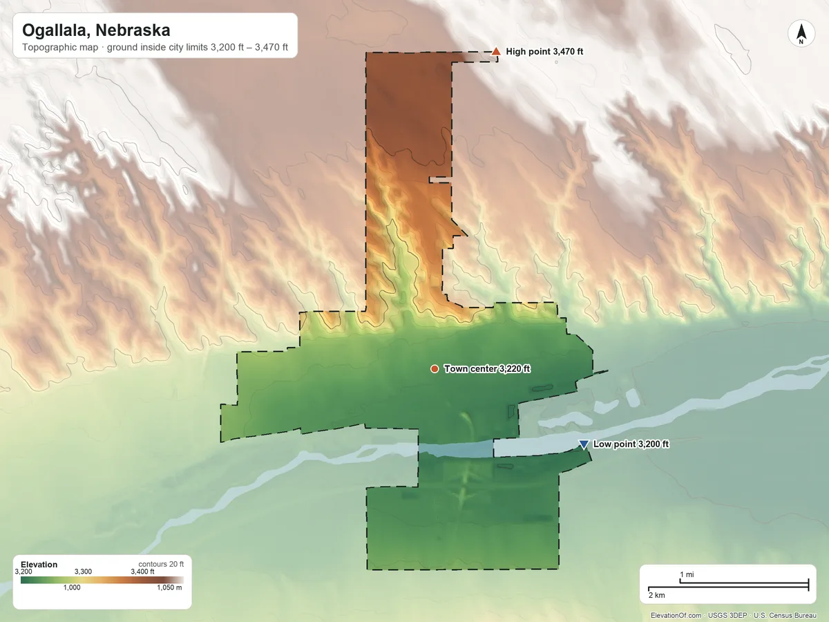Topographic elevation map of Ogallala, Nebraska, shaded from 3,200 ft on the southeast side to 3,470 ft on the north side