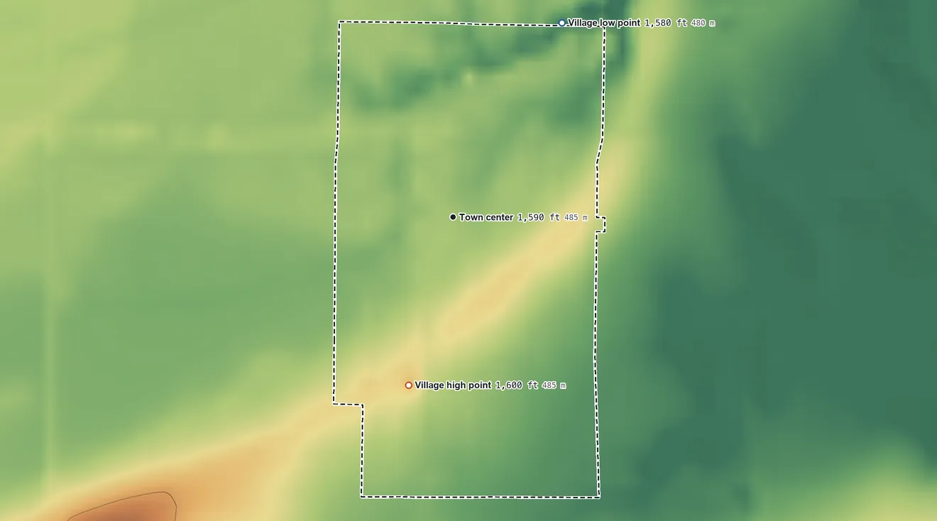 Topographic elevation map of Ohiowa, Nebraska, shaded from 1,580 ft on the northeast side to 1,600 ft on the south side